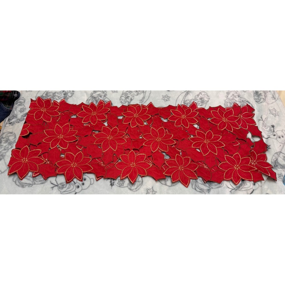 Red Poinsettia Christmas Table Runner Gold Embroidery Cut Out Holiday Decor 68in